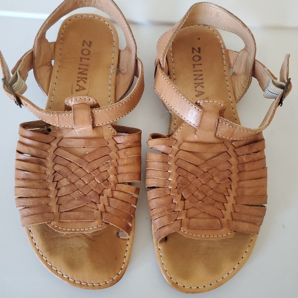 Zolinka Tan Leather Huarache Sandals Woven Boho Flat Ankle Strap Womens 5